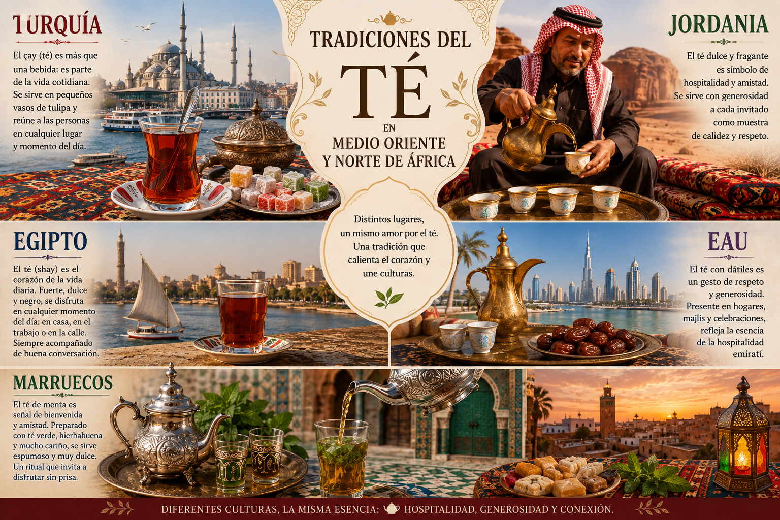 Diferentes formas de servir té en Turquía, Jordania, Egipto, Emiratos Árabes Unidos y Marruecos.