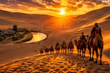 Caravana en el desierto por la ruta de la seda