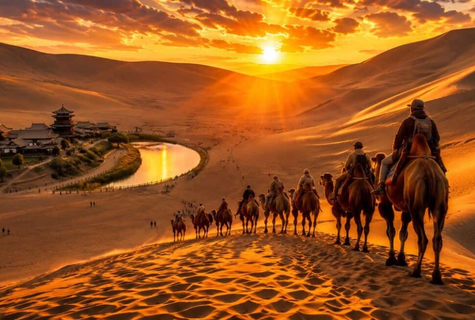 Caravana en el desierto por la ruta de la seda