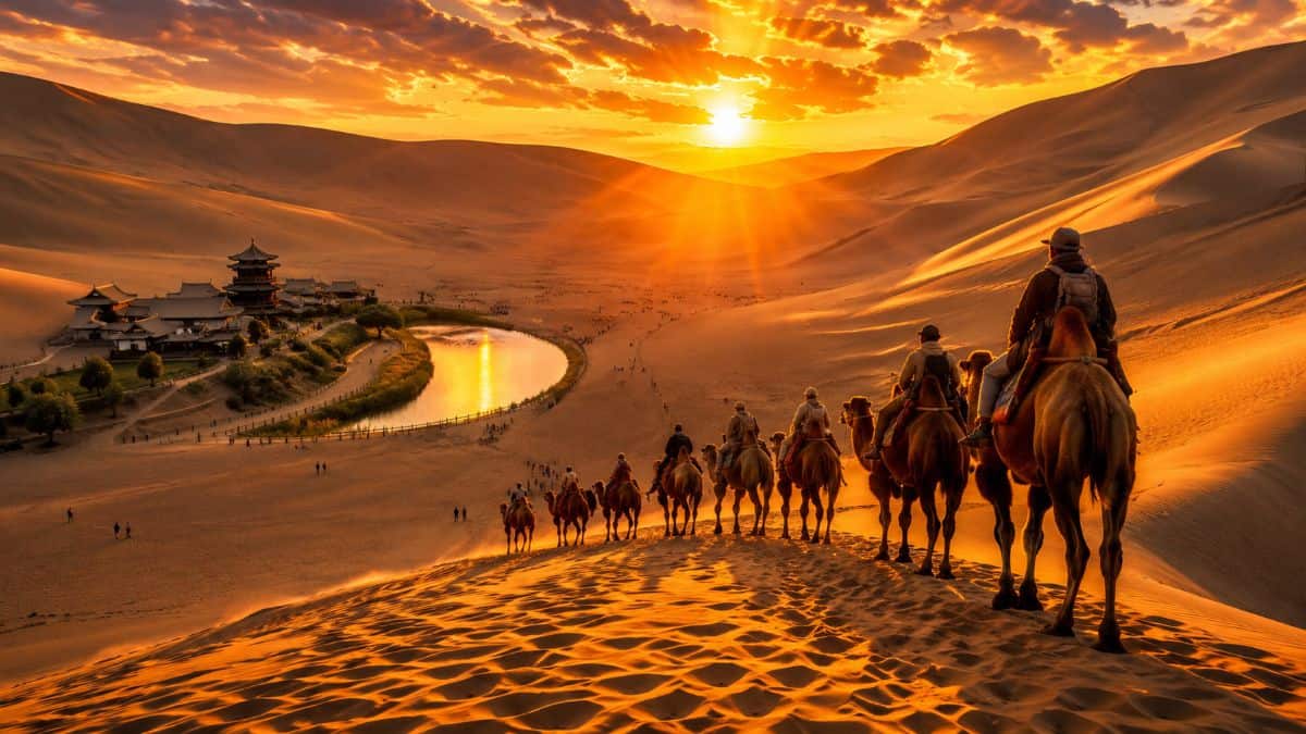 Caravana en el desierto por la ruta de la seda